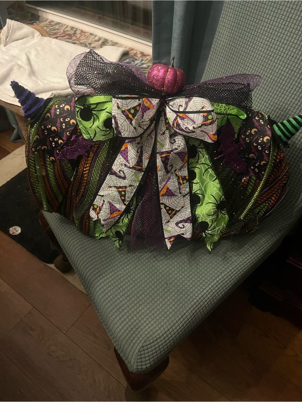Handmade Black Halloween Pumpkin Decor – Freestanding - Purple & Green